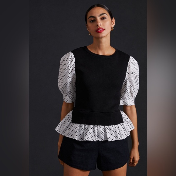 Anthropologie Tops - Anthropologie Size M Black and White Polka Dot Mixed Media Puff-Sleeve Sweater